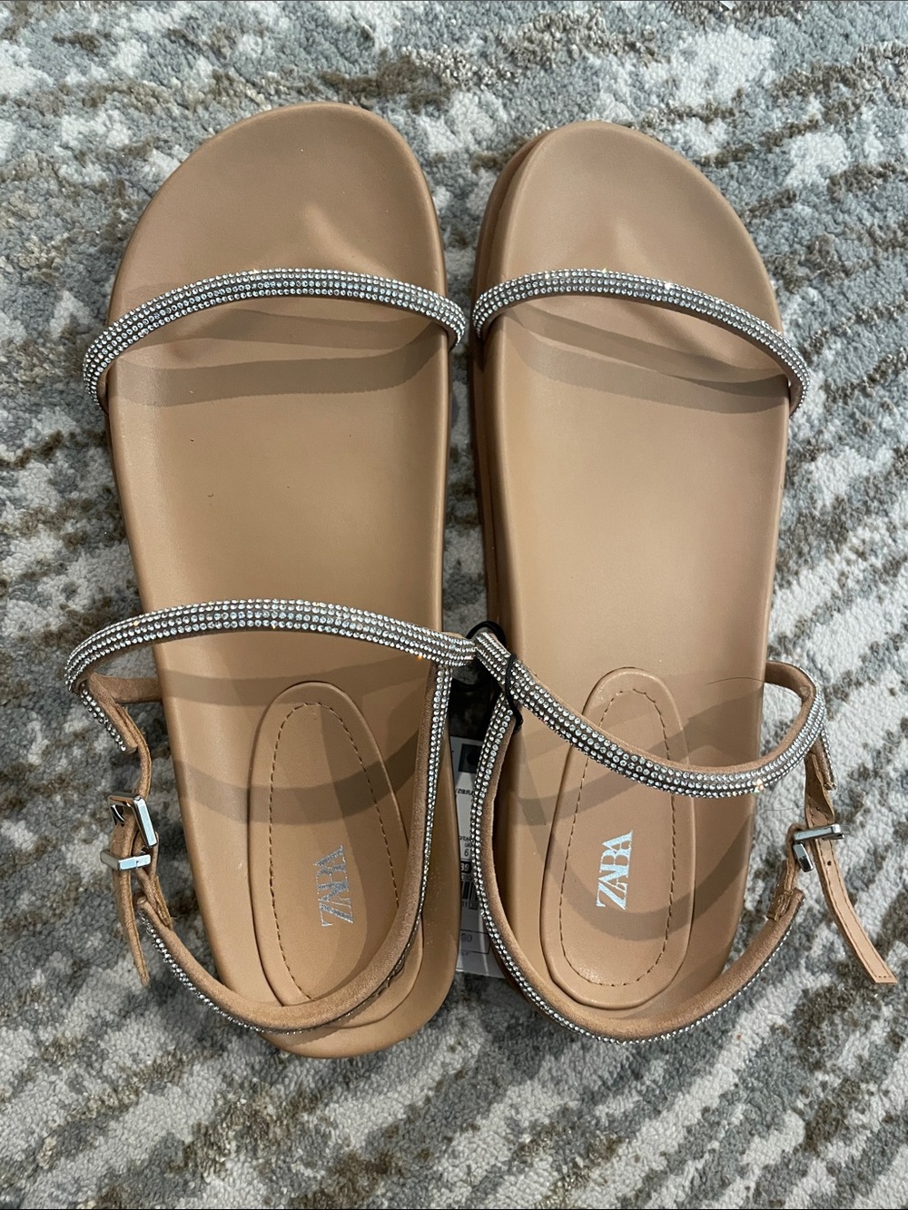 Zara Beige/Tan Rhinestone Strap Slide Sandals